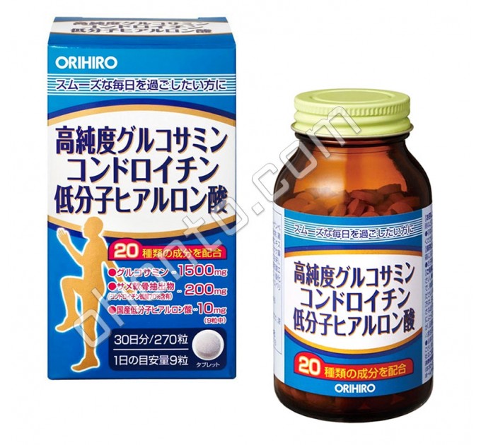 Orihiro Глюкозамин, Хондроитин, Гиалуроновая кислота для поддержки суставов и улучшения состояния кожи, на 30 дней